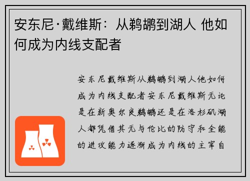 安东尼·戴维斯:从鹈鹕到湖人 他如何成为内线支配者 安东尼·戴维斯:从鹈鹕到湖人 他如何成为内线支配者