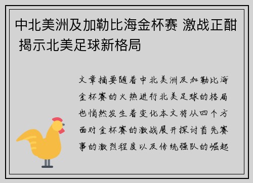 中北美洲及加勒比海金杯赛 激战正酣 揭示北美足球新格局